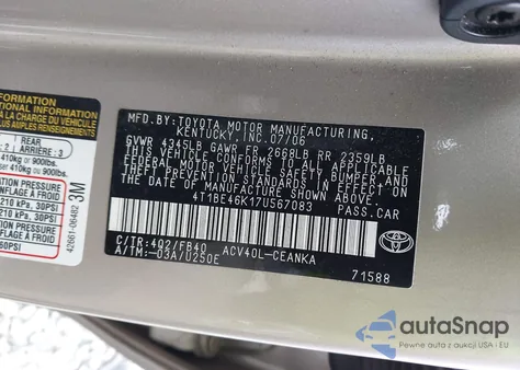 2007 Toyota Camry Le z USA, uszkodzony, nr VIN 4T1BE46K17U567083